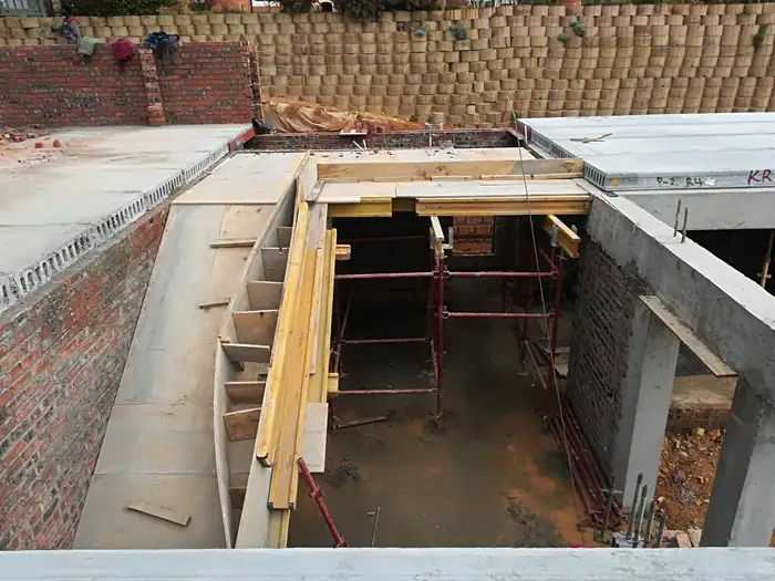 Formwork and props under a slab at House Chapman