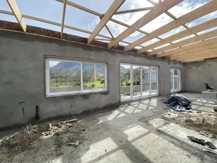 The Helderberg Nature Reserve and mountains framed by the new window line
