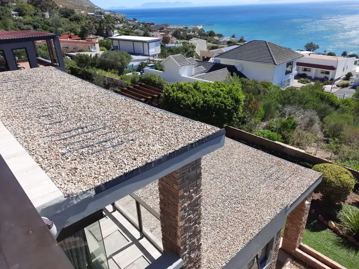 Looking out over the roof and the bay from the upper level